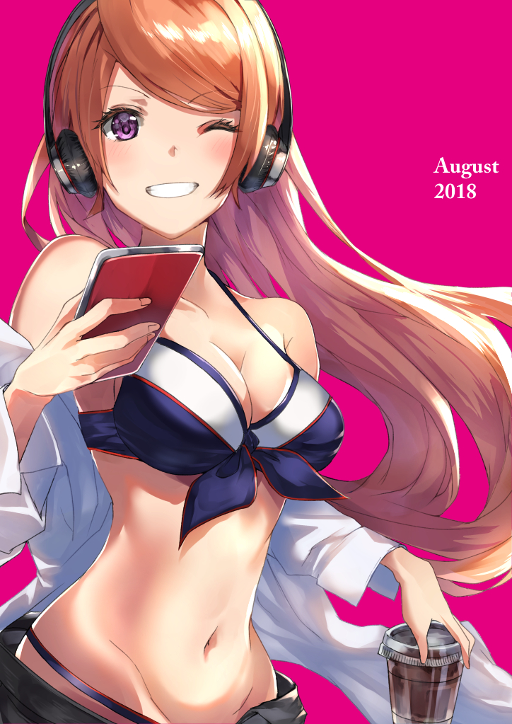 1girl 2018 bangs bare_shoulders bikini bikini_under_clothes black_shorts blue_bikini blush breasts brown_hair cleavage clenched_teeth collarbone commentary_request cup dated disposable_cup female floating_hair grin groin halter_top halterneck headphones holding holding_cup long_hair long_sleeves looking_at_viewer medium_breasts midriff navel off_shoulder one_eye_closed open_clothes open_shirt original pink_background shiny shiny_hair shirt shorts simple_background smile solo sone_(takahiro-osone) stomach swept_bangs swimsuit teeth upper_body violet_eyes white_shirt wink