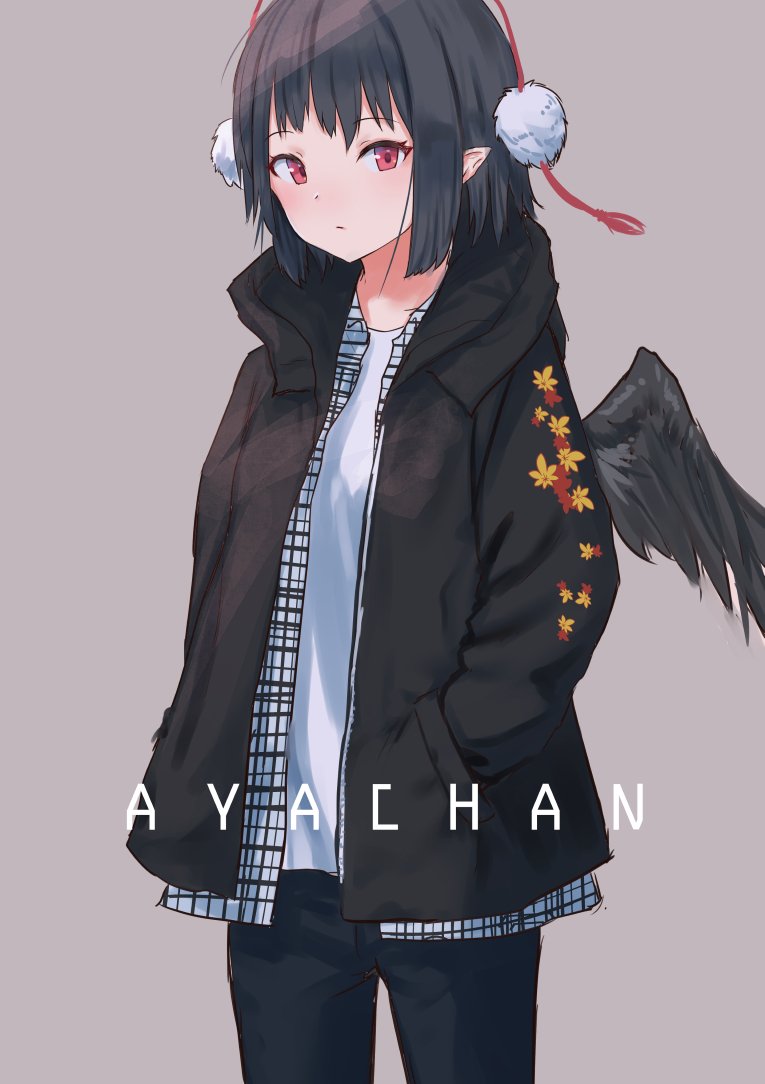 1girl alternate_costume bangs black_hair black_jacket black_pants black_wings blush casual character_name commentary_request contemporary cowboy_shot feathered_wings grey_background hands_in_pockets hood hooded_jacket jacket leaf_print long_sleeves looking_at_viewer open_clothes open_jacket open_shirt pants plaid plaid_shirt pointy_ears pom_pom_(clothes) red_eyes roke_(taikodon) shameimaru_aya shirt sidelocks simple_background solo standing tassel touhou white_shirt wings