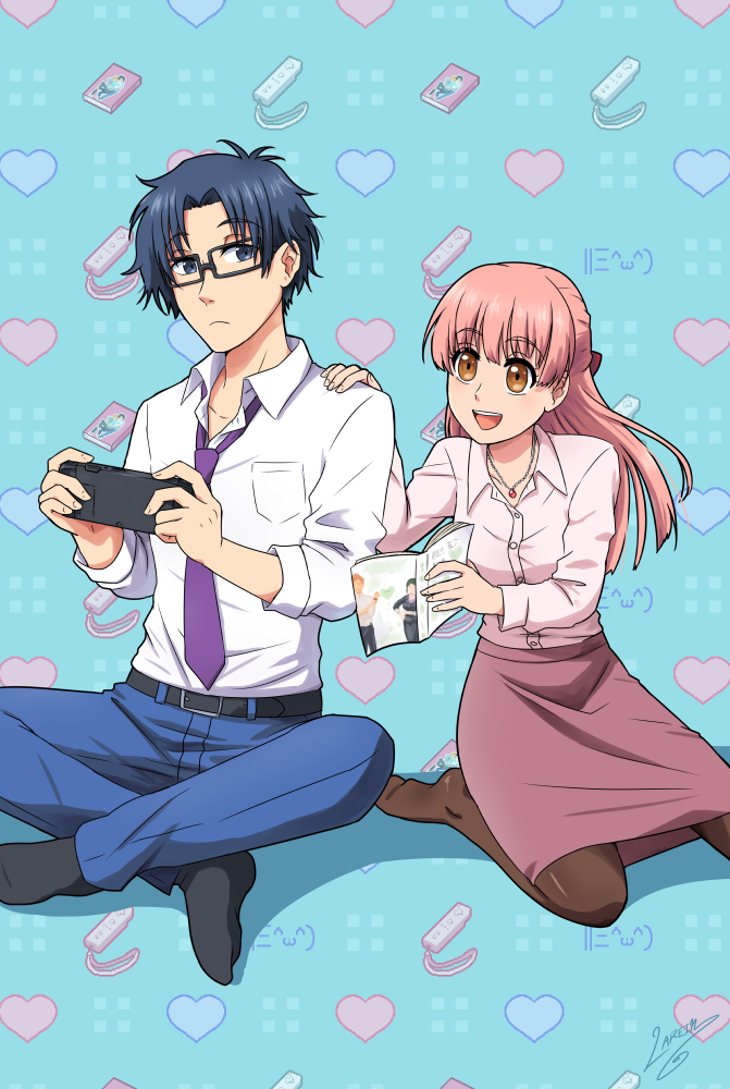 1boy 1girl :d artist_name black-framed_eyewear black_hair black_legwear blue_background blue_pants book brown_eyes brown_legwear controller emoji frown game_controller glasses hand_on_another's_shoulder heart jewelry kabakura_tarou koyanagi_hanako lareindraws legs_crossed long_hair long_sleeves manga_(object) momose_narumi necklace necktie nifuji_hirotaka no_shoes open_book open_mouth otaku_ni_koi_wa_muzukashii pants pink_hair pink_shirt playing_games purple_neckwear shirt sitting skirt smile socks wariza white_shirt wii_remote