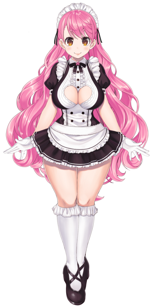 1girl aizono_manami apron bangs black_footwear breasts buttons cleavage cleavage_cutout closed_mouth eyebrows_visible_through_hair frills full_body gloves itou_life long_hair maid_apron maid_headdress nijisanji official_art pink_hair shoes short_eyebrows smile socks solo thick_eyebrows thick_thighs thighs transparent_background very_long_hair virtual_youtuber waist_apron wavy_hair white_gloves white_legwear yellow_eyes