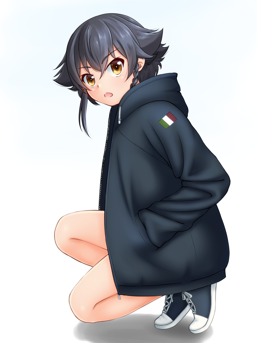 1girl :o bangs black_footwear black_hair black_jacket braid brown_eyes commentary_request cross-laced_footwear drawstring eyebrows_visible_through_hair from_side full_body girls_und_panzer hands_in_pockets head_tilt highres hood hooded_jacket hoodie italian_flag jacket looking_at_viewer open_mouth partial_commentary pepperoni_(girls_und_panzer) ruka_(piyopiyopu) shadow shoes short_hair side_braid sneakers solo standing white_background
