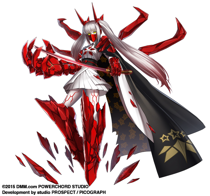 1girl cape claws demon_girl dress face_mask full_body gradient_hair holding holding_sword holding_weapon iltusa katana looking_at_viewer mask multicolored_hair obi official_art oversized_forearms oversized_limbs redhead sash shinken!! shoulder_armor solo sword twintails weapon white_background white_hair white_skin wide_sleeves yellow_eyes