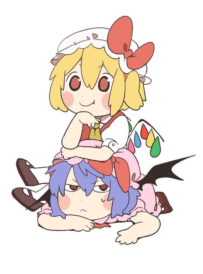 2girls arm_support ascot bat_wings black_footwear blue_hair blush bow brown_eyes brown_footwear chibi citrus_(place) collared_shirt commentary_request dot_nose dress fang flandre_scarlet frown full_body hair_between_eyes half_updo hat hat_bow legs_crossed lying mary_janes medium_hair mob_cap multiple_girls on_stomach pink_dress pink_headwear red_eyes red_neckwear red_vest remilia_scarlet shirt shoes short_eyebrows short_hair short_sleeves siblings side_ponytail simple_background sisters sitting sitting_on_person smile socks sweatdrop touhou vest white_background white_headwear white_legwear white_shirt wings yellow_neckwear