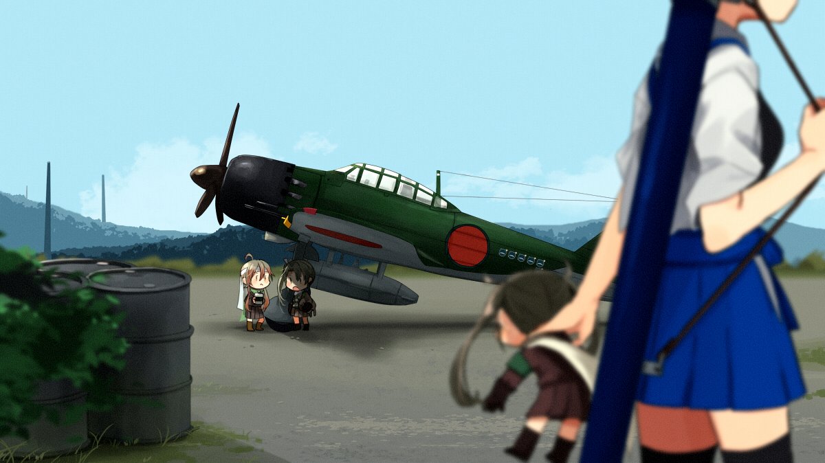 4girls aircraft aircraft_request airplane annin_musou black_legwear blue_hakama blue_sky blurry clouds commentary_request day depth_of_field dragging drum_(container) fairy_(kantai_collection) hakama hakama_skirt head_out_of_frame japanese_clothes kaga_(kantai_collection) kantai_collection mountain multiple_girls muneate outdoors sky tasuki thigh-highs tube younger