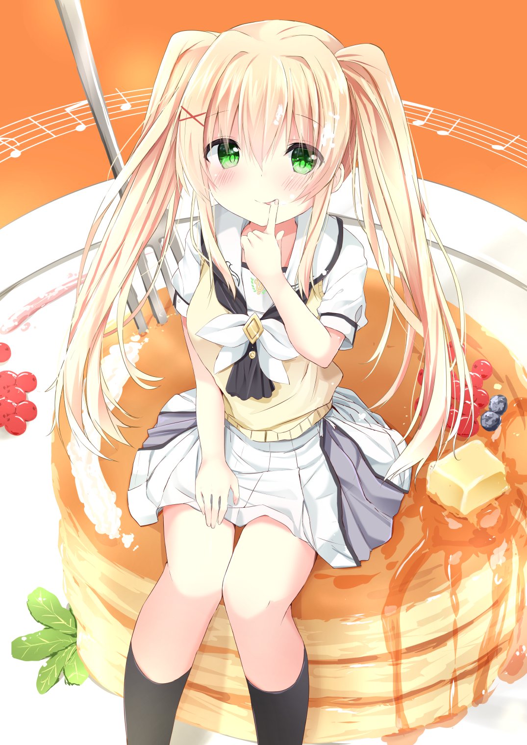 1girl bangs berries berry blonde_hair blush butter character_request commentary_request eyebrows_visible_through_hair finger_licking food fork green_eyes hair_between_eyes hair_ornament highres kouda_suzu licking long_hair looking_at_viewer musical_note pancake petite ribbon school_uniform shirt short_sleeves skirt smile solo summer_pockets tsumugi_wenders twintails very_long_hair white_ribbon white_shirt x_hair_ornament