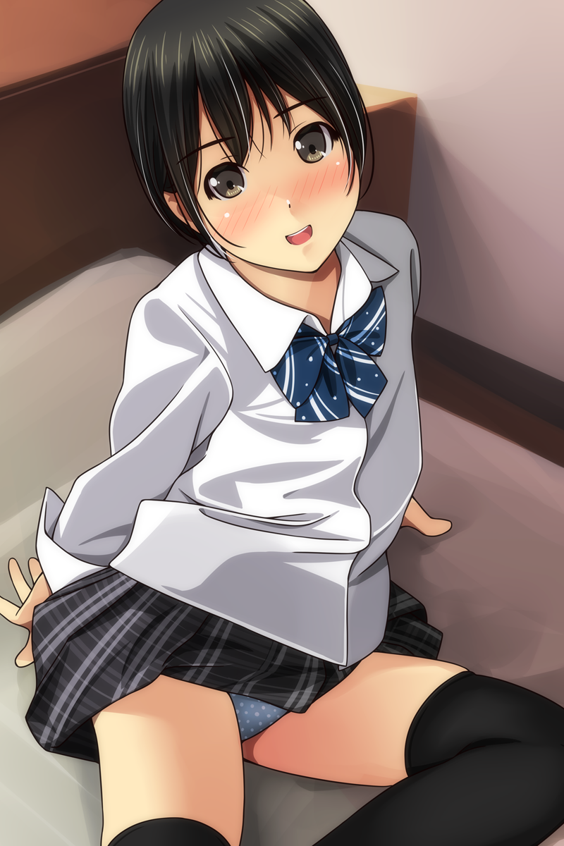 1girl :d arm_support bangs bed black_hair black_legwear black_skirt blue_bow blue_panties blush bow brown_eyes collared_shirt commentary_request diagonal_stripes dress_shirt eyebrows_visible_through_hair highres indoors long_sleeves matsunaga_kouyou nose_blush on_bed open_mouth original panties plaid plaid_skirt polka_dot polka_dot_panties school_uniform shirt skirt smile solo striped striped_bow thigh-highs underwear upper_teeth white_shirt