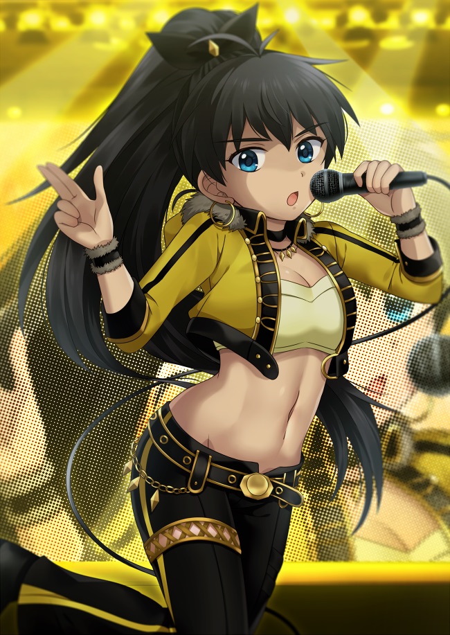 1girl :o antenna_hair backlighting bangs belt black_choker black_hair black_pants black_ribbon blue_eyes breasts choker cleavage commentary_request cropped_jacket earrings eyebrows_visible_through_hair feet_out_of_frame fur-trimmed_jacket fur_trim ganaha_hibiki hair_ribbon hands_up high_ponytail hiiringu holding holding_microphone hoop_earrings idolmaster idolmaster_(classic) jacket jewelry leg_up long_hair long_sleeves looking_at_viewer medium_breasts microphone music navel necklace open_clothes open_jacket open_mouth pants ribbon screen singing single_vertical_stripe solo stage_lights standing standing_on_one_leg stomach strapless thighlet tubetop very_long_hair zoom_layer