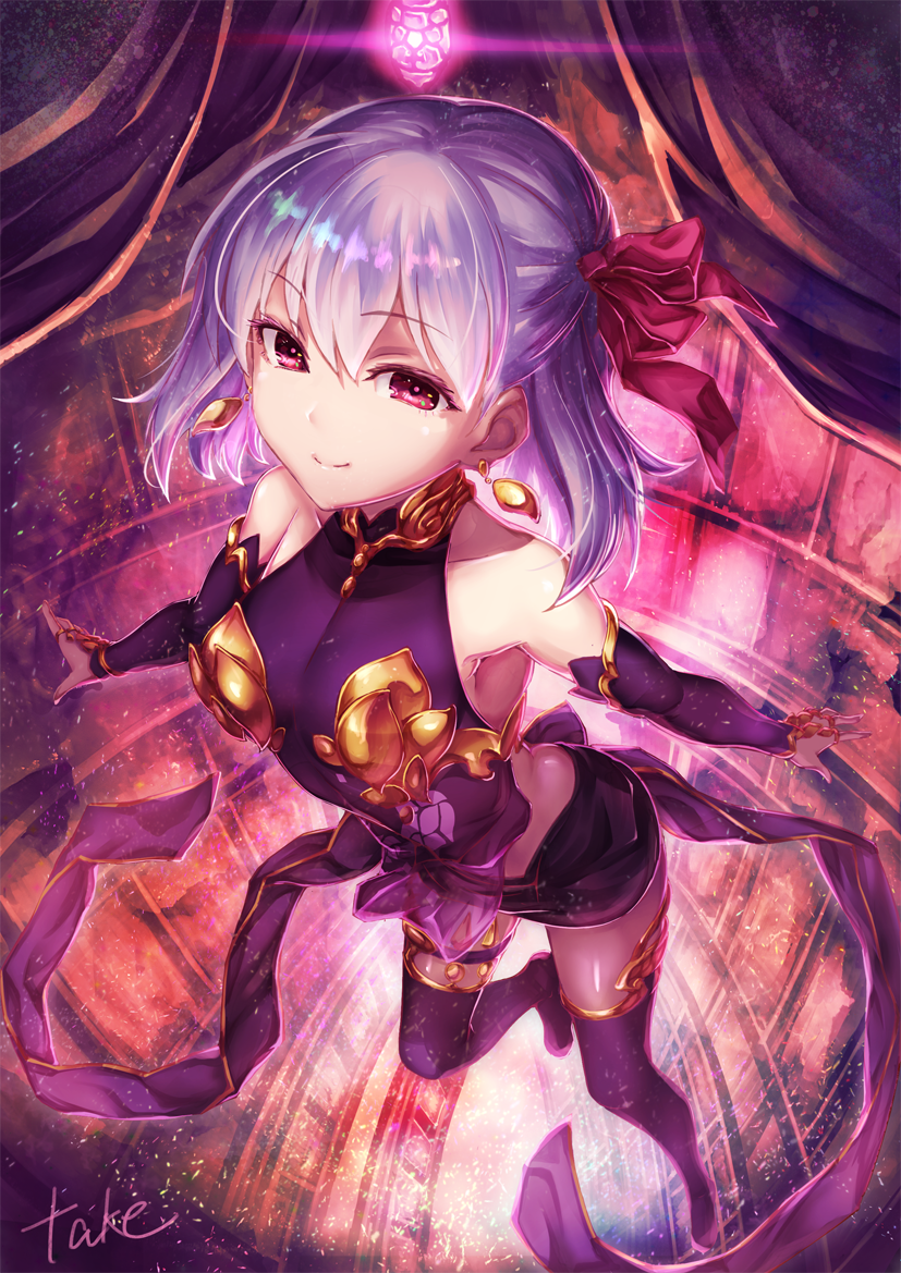 1girl bangs bare_shoulders blush breasts choker closed_eyes collarbone detached_sleeves dress earrings eyebrows_visible_through_hair fate/grand_order fate_(series) flying full_body gold_trim hair_between_eyes hair_ribbon hands_up jewelry kama_(fate/grand_order) light_particles looking_at_viewer navel pelvic_curtain purple_dress purple_footwear red_eyes red_ribbon ribbon short_hair silver_hair small_breasts smile solo take_tw01 thigh-highs wind