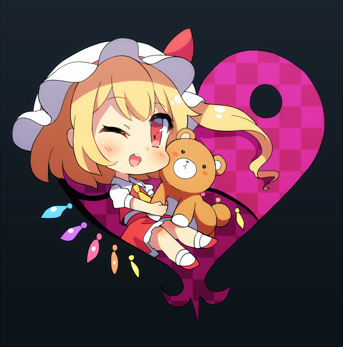 1girl 60mai ascot bangs black_background blonde_hair blush checkered chibi commentary_request crystal eyebrows_visible_through_hair flandre_scarlet full_body hat hat_ribbon heart holding holding_stuffed_animal long_hair looking_at_viewer mob_cap one_eye_closed one_side_up open_mouth petticoat puffy_short_sleeves puffy_sleeves red_eyes red_footwear red_ribbon red_skirt red_vest ribbon shirt shoes short_sleeves sidelocks simple_background skirt skirt_set smile socks solo stuffed_animal stuffed_toy teddy_bear touhou vest white_headwear white_legwear white_shirt wings yellow_neckwear