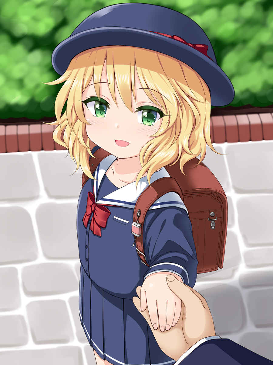 1boy 1girl :d backpack bag bangs blonde_hair blue_headwear blue_shirt blue_skirt blurry blurry_background blush bow commentary_request day depth_of_field dress_shirt eyebrows_visible_through_hair fingernails green_eyes hair_between_eyes hand_holding hat hat_bow highres idolmaster idolmaster_cinderella_girls idolmaster_cinderella_girls_starlight_stage long_sleeves looking_at_viewer open_mouth out_of_frame outdoors pleated_skirt producer_(idolmaster) randoseru red_bow sailor_collar sakurai_momoka school_uniform serafuku shirt skirt smile solo_focus standing u2_(5798239) white_sailor_collar