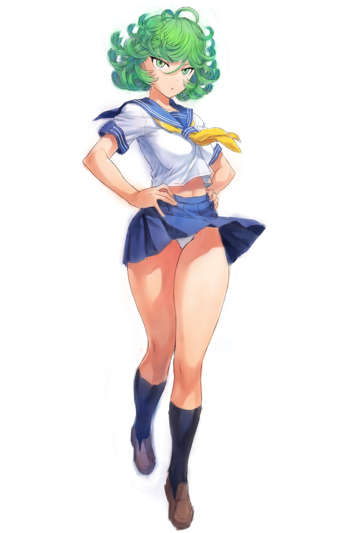 1girl bangs blue_legwear blue_skirt breasts commentary_request curly_hair full_body green_eyes green_hair hands_on_hips highres loafers long_legs looking_at_viewer medium_breasts mogudan navel one-punch_man panties parted_lips pleated_skirt sailor_collar school_uniform shoes short_hair short_sleeves simple_background skirt socks solo standing tatsumaki underwear white_background white_panties