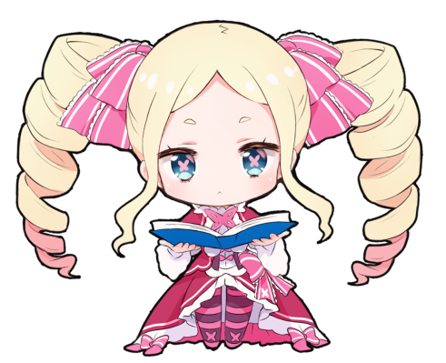 1girl :&lt; bangs beatrice_(re:zero) blonde_hair blue_eyes blush book bow chibi closed_mouth dress drill_hair forehead hair_bow holding holding_book long_sleeves looking_at_viewer lowres melings_(aot2846) open_book pantyhose parted_bangs pink_bow re:zero_kara_hajimeru_isekai_seikatsu red_dress short_eyebrows solo striped striped_bow striped_legwear symbol-shaped_pupils thick_eyebrows twin_drills twintails