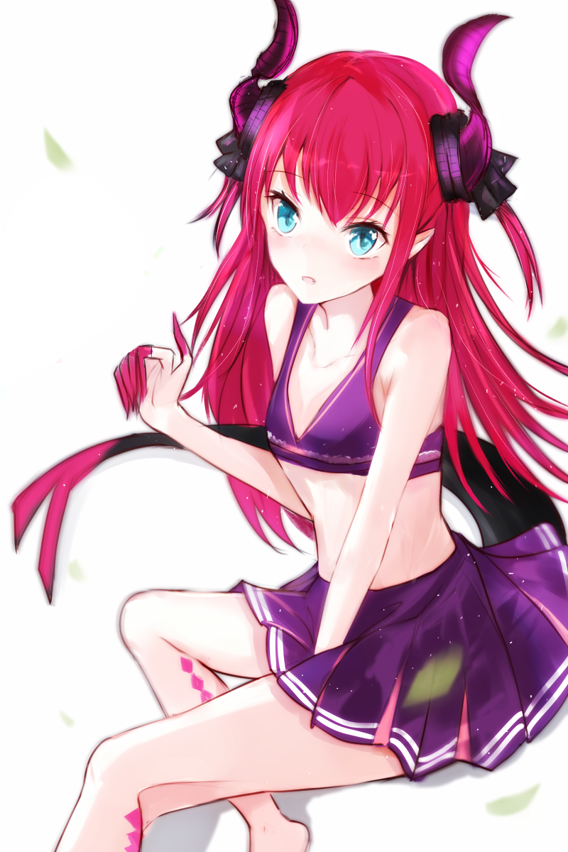 1girl alternate_costume bare_legs bare_shoulders blue_eyes blush breasts cheerleader collarbone commentary_request curled_horns dragon_girl dragon_horns elizabeth_bathory_(fate) elizabeth_bathory_(fate)_(all) eyebrows_visible_through_hair fate/extra fate/grand_order fate_(series) fyy_(fyy8494) highres horns long_hair looking_at_viewer pink_hair pointy_ears ribbon simple_background skirt small_breasts solo tail two_side_up white_background