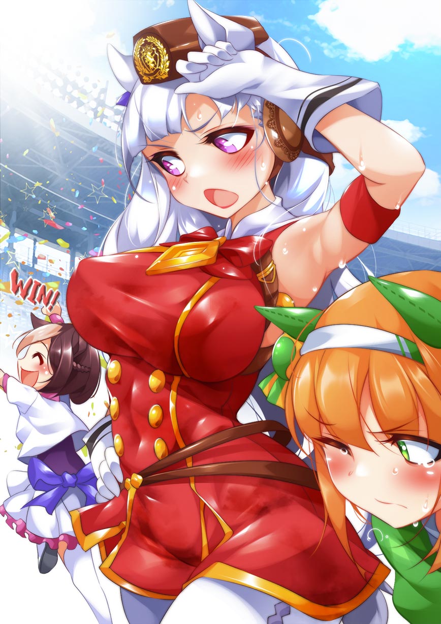 3girls :d ^_^ animal_ears armband armpits bangs blue_sky blush bow bowtie braid breasts brown_hair brown_headwear closed_eyes closed_eyes closed_mouth clouds covered_navel day dress erect_nipples eyebrows_visible_through_hair french_braid gloves gold_ship green_eyes hairband hat highres horse_ears large_breasts long_hair miniskirt multicolored_hair multiple_girls one_eye_closed open_mouth orange_hair outdoors pantyhose pink_eyes pleated_skirt racing red_bow red_dress red_neckwear short_dress short_hair short_sleeves silence_suzuka skirt sky sleeveless sleeveless_dress smile special_week stadium star sugihara_(sugihara2000) sweat thigh-highs two-tone_hair umamusume v-shaped_eyebrows white_gloves white_hair white_hairband white_legwear white_skirt zettai_ryouiki