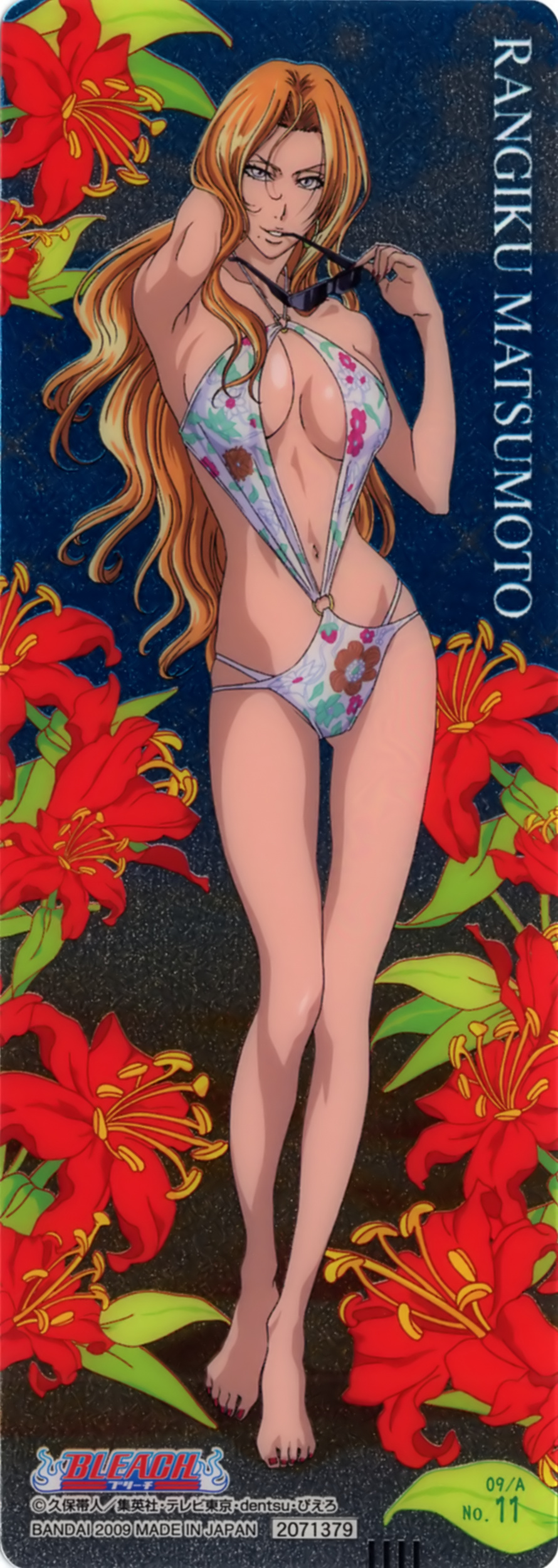 1girl armpit bare_legs barefoot bleach blue_eyes breasts card_(medium) center_opening character_name cleavage copyright_name eyewear_removed female flower full_body holding holding_eyewear holding_sunglasses lips logo long_hair looking_at_viewer matsumoto_rangiku mole mole_under_mouth multicolored multicolored_swimsuit nail_polish navel official_art orange_hair overfiltered parted_lips print_swimsuit red_flower redhead smile solo standing sunglasses sunglasses_removed swimsuit tall_image toenail_polish