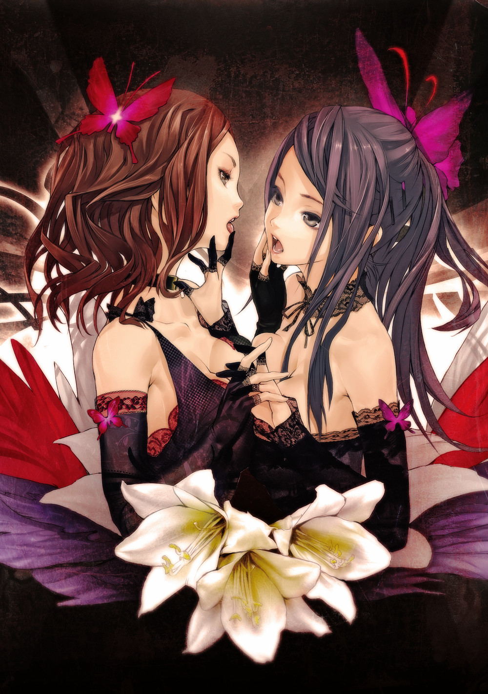black_hair breast_press breasts brown_hair butterfly choker cleavage elbow_gloves fingerless_gloves flower gloves highres holding_hands lace long_hair magnet_(vocaloid) multiple_girls mutual_yuri open_mouth original redjuice symmetrical_docking tongue vocaloid yuri
