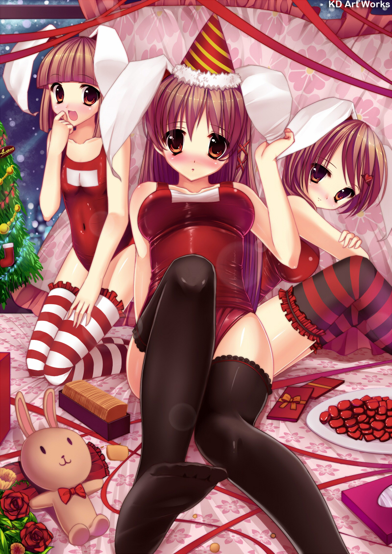 animal_ears bad_id blush bowtie brown_eyes bunny bunny_ears caidychen christmas feet flower foreshortening hair_ornament hat heart kneeling multiple_girls one-piece_swimsuit original plush red rose school_swimsuit sitting striped striped_legwear swimsuit swimsuit thigh-highs thighhighs