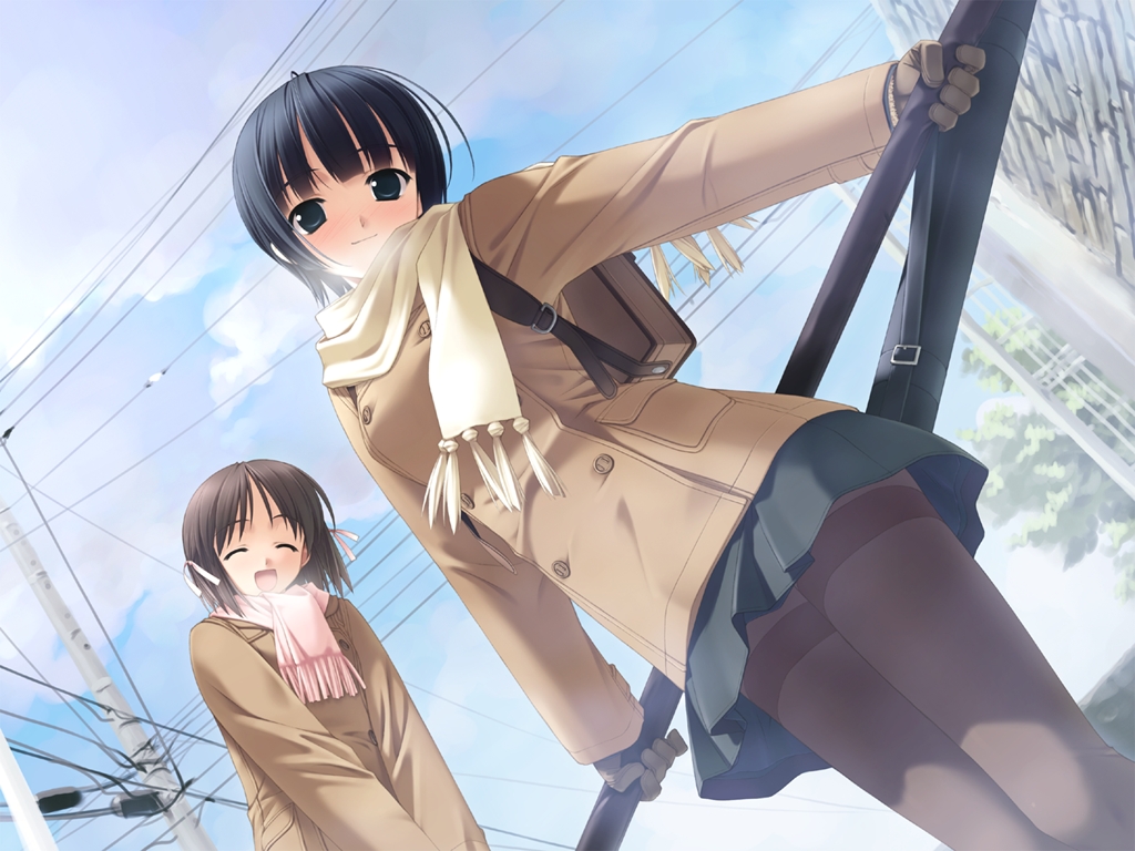 asaba_nonoka bag black_hair black_legwear blush brown_hair closed_eyes cloud coat game_cg gloves hashimoto_takashi ichinose_mio looking_at_viewer multiple_girls open_mouth pantyhose power_lines ribbon scarf school_bag school_uniform shinai short_hair skirt sky smile sword weapon white_breath