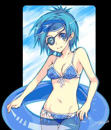 bikini blue_eyes blue_hair chrome_dokuro eyepatch inflatable_tube innertube katekyo_hitman_reborn katekyo_hitman_reborn! lowres signature skull smile solo swimsuit visor visor_cap watermark