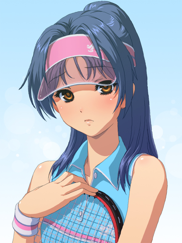 blush flat_chest hat idolmaster kisaragi_chihaya matsudo_aya racket sportswear sweatband tennis tennis_racket tennis_uniform visor visor_cap wristband