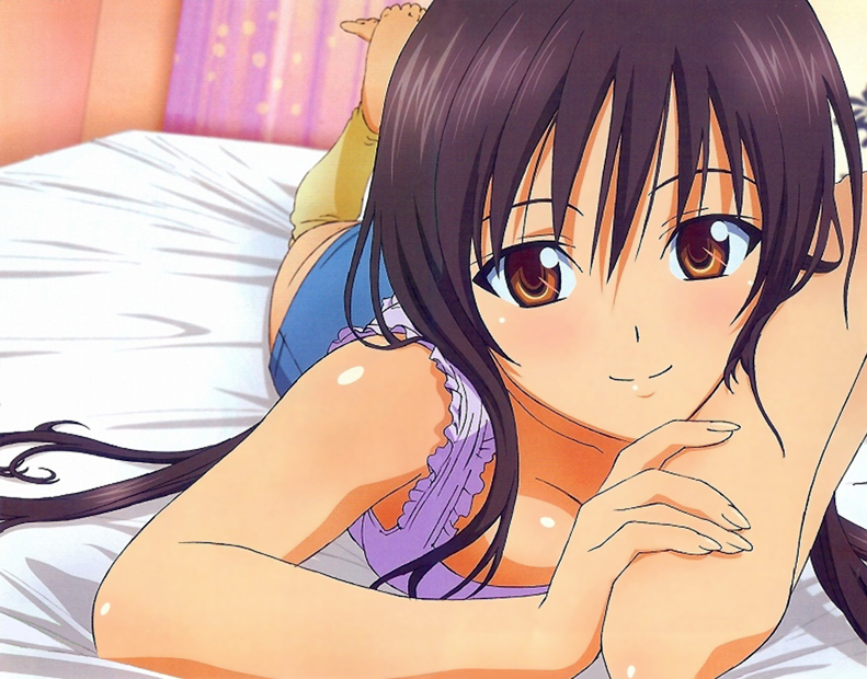bed bed_sheet black_hair breast_squeeze breasts kotegawa_yui long_hair lossy-lossless lying on_stomach orange_eyes scan sheets smile solo to_love-ru toloveru
