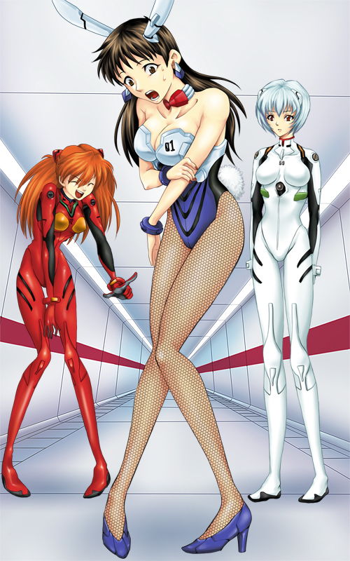 animal_ears ayanami_rei bare_shoulders black_hair blue_hair bodysuit bowtie breasts brown_eyes brown_hair bunny_ears bunny_tail bunnysuit cleavage closed_eyes collar corridor earrings fishnet_pantyhose fishnet_stockings fishnets genderswap hallway high_heels ikari_shinji jewelry large_breasts laugh laughing long_hair multiple_girls neon_genesis_evangelion orange_hair pantyhose plugsuit pointing rabbit_ears red_eyes red_hair redhead shin-chan shoes short_hair skin_tight soryu_asuka_langley souryuu_asuka_langley sweat tail thigh-highs white_hair