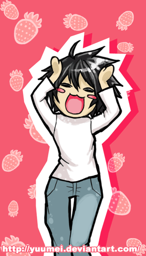 animated animated_gif bags_under_eyes caramelldansen dance dancing death_note food fruit fruit_background gif happy l lowres male solo strawberries strawberry watermark wenqing_yan yuumei