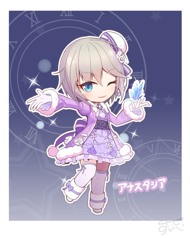 anastasia_(idolmaster) bangs blue_eyes bow breasts collar cross crystal dark_background dress eyebrows_visible_through_hair flower gem gloves hat hat_bow hat_ribbon ice ice_crystal idolmaster idolmaster_cinderella_girls jewelry lavender_dress lavender_legwear long_sleeves necklace puffy_sleeves purple_bow purple_coat purple_dress purple_ribbon qixi_cui_xing ribbon rose short_hair silver_hair socks sparkle uesaka_sumire white_flower white_footwear white_rose winter_clothes