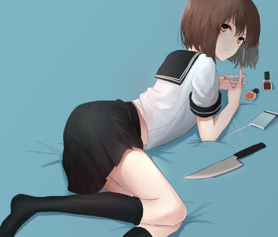 1girl bed_sheet black_legwear black_sailor_collar black_skirt blue_background brown_eyes brown_hair hagiwara_yukiho idolmaster idolmaster_(classic) kneehighs knife looking_at_viewer lying miniskirt mxwbr nail_polish on_side pleated_skirt red_nails sailor_collar school_uniform serafuku shirt short_hair short_sleeves skirt solo white_shirt