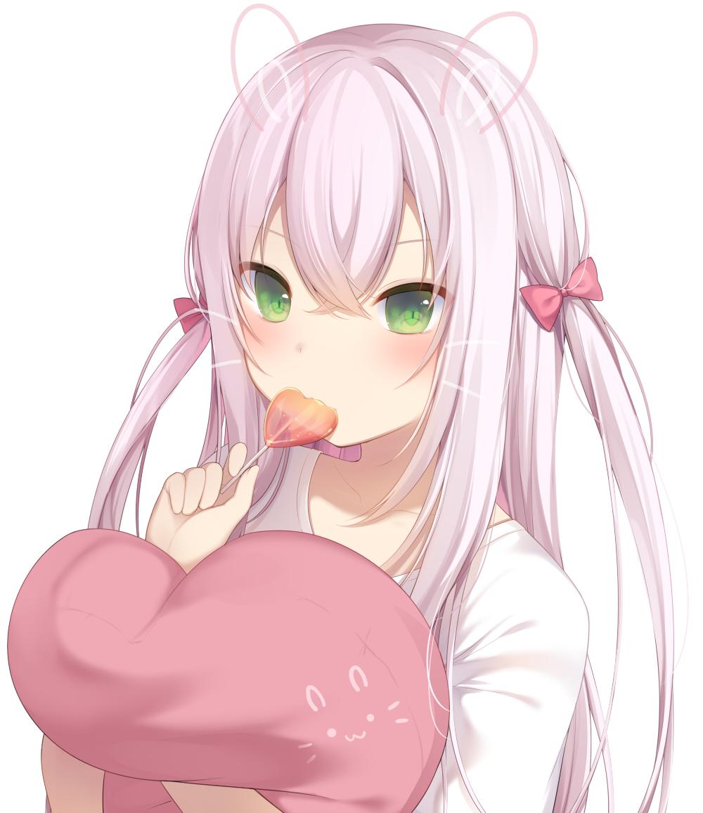 1girl amashiro_natsuki animal_ears bangs bow collarbone collared_shirt commentary_request eyebrows_visible_through_hair face_filter food green_eyes hair_between_eyes hair_bow heart_lollipop holding holding_food holding_lollipop long_hair original pillow pillow_hug rabbit_ears red_bow shirt short_sleeves silver_hair simple_background solo two_side_up upper_body whiskers white_background white_shirt