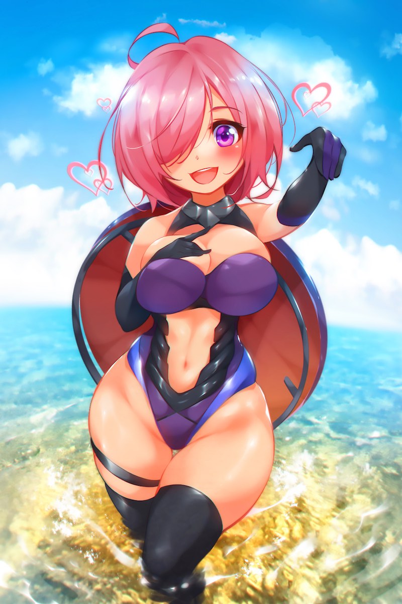 1girl :d ahoge black_gloves black_legwear blue_sky blush breasts cleavage clouds day elbow_gloves eyebrows_visible_through_hair fate/grand_order fate_(series) gloves groin hair_over_one_eye hand_on_own_chest hand_up heart highres large_breasts leotard looking_at_viewer mash_kyrielight navel navel_cutout open_mouth outdoors pink_hair round_teeth shield short_hair sky smile solo sugihara_(sugihara2000) teeth thigh-highs thigh_gap thigh_strap thighs violet_eyes