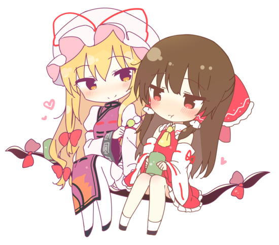 2girls :t ascot bare_shoulders black_footwear blonde_hair bow brown_hair chibi commentary_request cup dango detached_sleeves dress food frilled_bow frills full_body gap hair_bow hair_tubes hakurei_reimu hat hat_ribbon heart holding holding_cup holding_food jitome juliet_sleeves long_hair long_sleeves looking_at_another mob_cap multiple_girls pantyhose petticoat puffy_sleeves red_bow red_eyes red_ribbon red_skirt ribbon sanshoku_dango shinoba shoes sidelocks simple_background sitting skirt skirt_set smile socks tabard touhou very_long_hair wagashi white_background white_dress white_headwear white_legwear wide_sleeves yakumo_yukari yellow_eyes yellow_neckwear