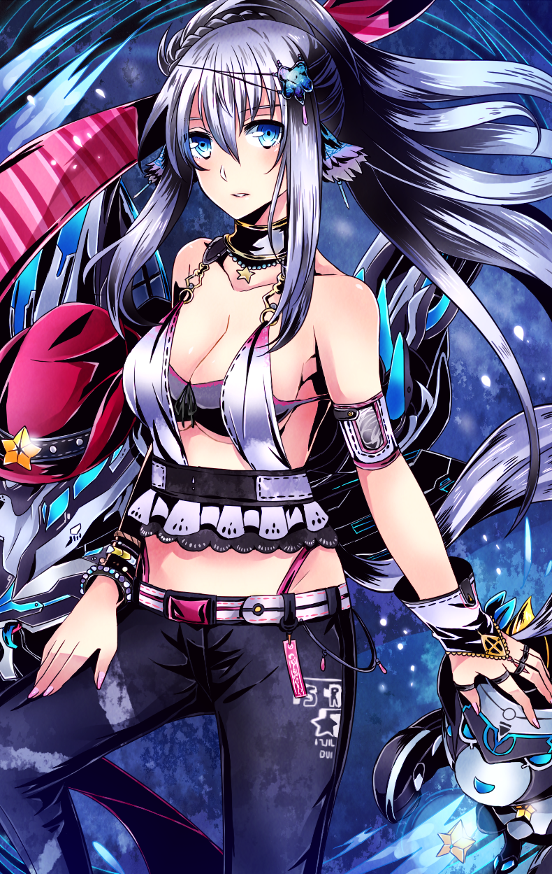 1girl arm_strap black_bra black_pants blue_eyes bra braid breasts bridal_gauntlets choker cleavage collarbone crown_braid divine_gate floating_hair getsuyoubi hand_on_lap high_ponytail highleg highleg_panties highres jewelry long_hair looking_at_viewer medium_breasts midriff nail_polish necklace panties pants parted_lips pink_nails print_pants ring sidelocks silver_hair solo standing star star_necklace stomach underwear very_long_hair