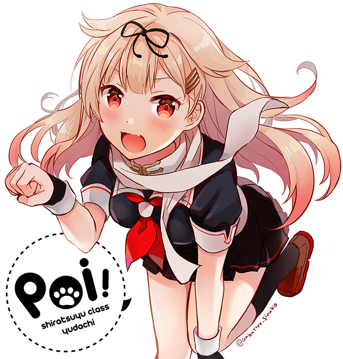 1girl anbutter_siruko black_ribbon black_serafuku blonde_hair character_name gradient_hair hair_flaps hair_ornament hair_ribbon hairclip kantai_collection long_hair looking_at_viewer multicolored_hair neckerchief open_mouth pleated_skirt poi red_eyes red_neckwear remodel_(kantai_collection) ribbon scarf school_uniform serafuku simple_background skin_fang skirt smile solo standing standing_on_one_leg white_background white_scarf yuudachi_(kantai_collection)