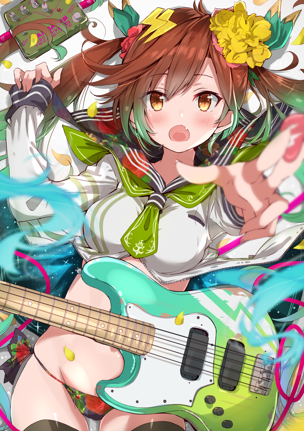 1girl :o black_legwear black_panties black_sailor_collar blurry blush breasts brown_eyes brown_hair commentary_request cowboy_shot depth_of_field electric_guitar fang floral_print flower foreshortening fuku_kitsune_(fuku_fox) gradient_hair green_hair green_neckwear groin guitar hair_flower hair_ornament hand_up highres holding instrument long_hair long_sleeves looking_at_viewer lying medium_breasts multicolored_hair necktie no_pants on_back open_mouth original panties reaching_out sailor_collar school_uniform serafuku shirt short_necktie solo stomach thigh-highs twintails underwear white_shirt yellow_flower