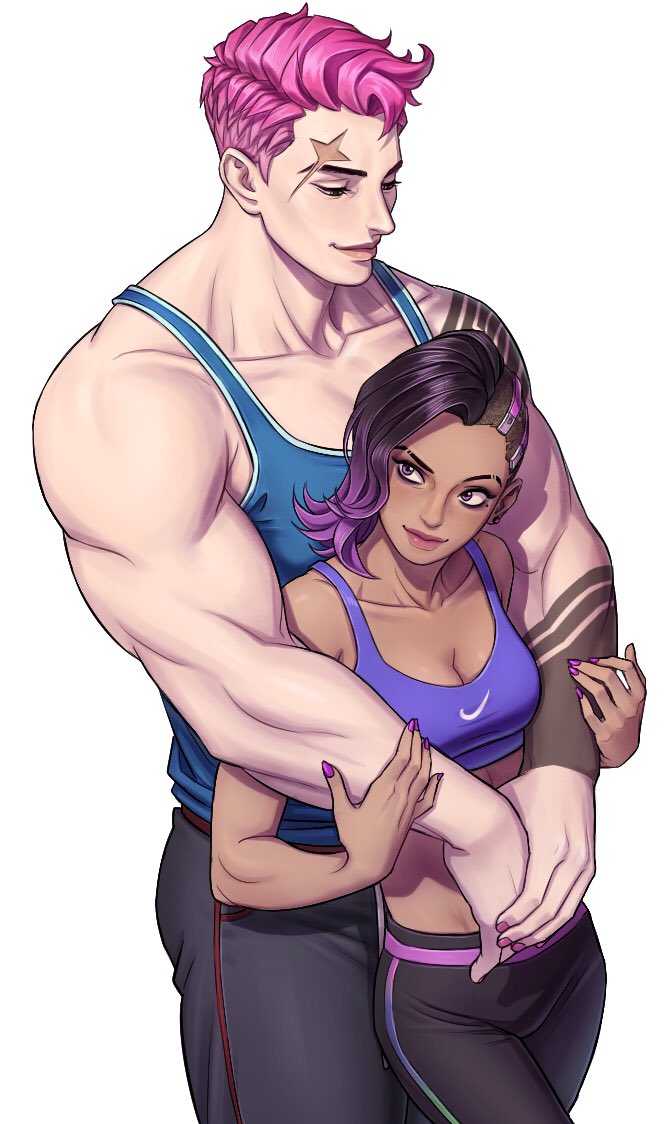 2girls biceps blush couple dark_skin highlights hug hug_from_behind ingkin multicolored_hair multiple_girls muscle muscular_female overwatch pants pink_hair purple_hair scar shaved_eyebrow short_hair shoulders sleeveless smile sombra_(overwatch) sweatpants tank_top tattoo zarya_(overwatch)