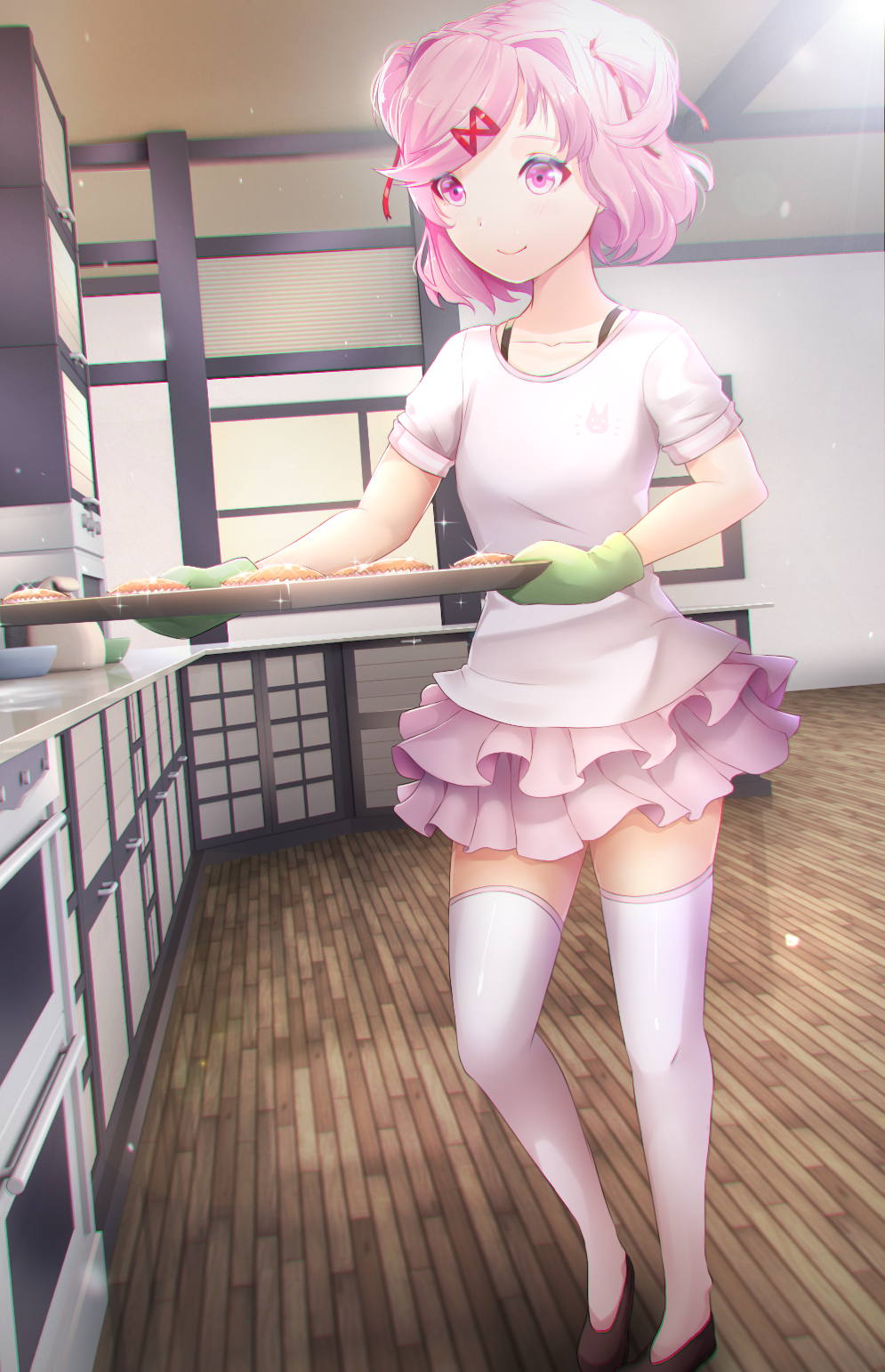 1girl 3d_background baking_sheet casual chromatic_aberration collarbone commentary doki_doki_literature_club english_commentary food full_body hair_ornament hair_ribbon hairclip highres indoors kitchen natsuki_(doki_doki_literature_club) oven_mitts pastry pink_eyes pink_hair pink_skirt red_ribbon ribbon shirt short_hair short_sleeves skirt smile solo sparkle thigh-highs tsukimaru two_side_up white_legwear white_shirt zettai_ryouiki