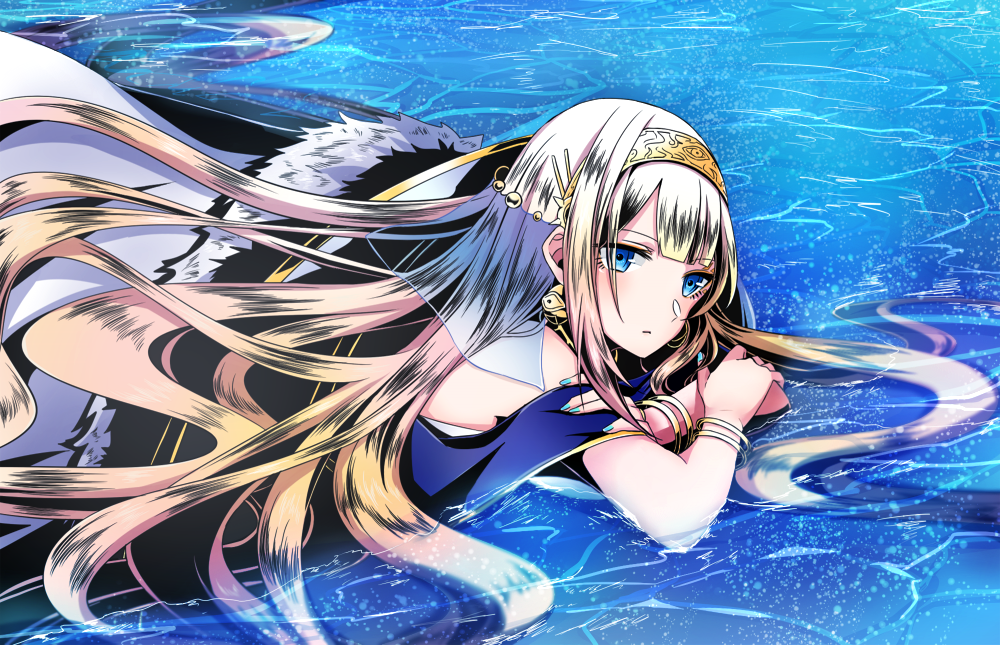 1girl bangs blonde_hair blue_eyes blue_nails bracelet cape divine_gate fur_cape getsuyoubi hair_ornament hairband jewelry long_hair looking_at_viewer lying nail_polish on_stomach outdoors see-through solo veil very_long_hair white_cape yellow_hairband