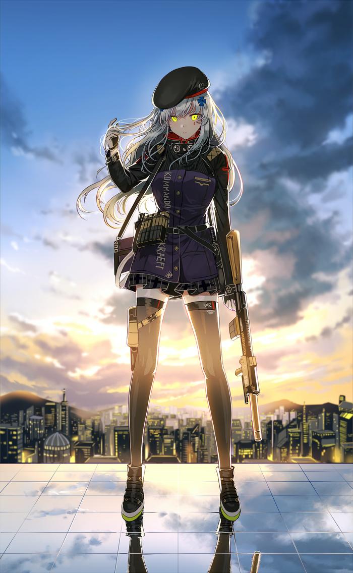 1girl assault_rifle backlighting bangs beret black_legwear blunt_bangs breasts cityscape clouds facial_mark floating_hair gloves green_eyes gun h&amp;k_hk416 hair_ornament hand_in_hair hand_up hat heckler_&amp;_koch hk416_(girls_frontline) holding holding_gun holding_weapon jacket long_hair looking_at_viewer medium_breasts plaid plaid_skirt reflection rifle rooftop silence_girl silver_hair skirt solo sunrise teardrop thigh-highs very_long_hair weapon wind