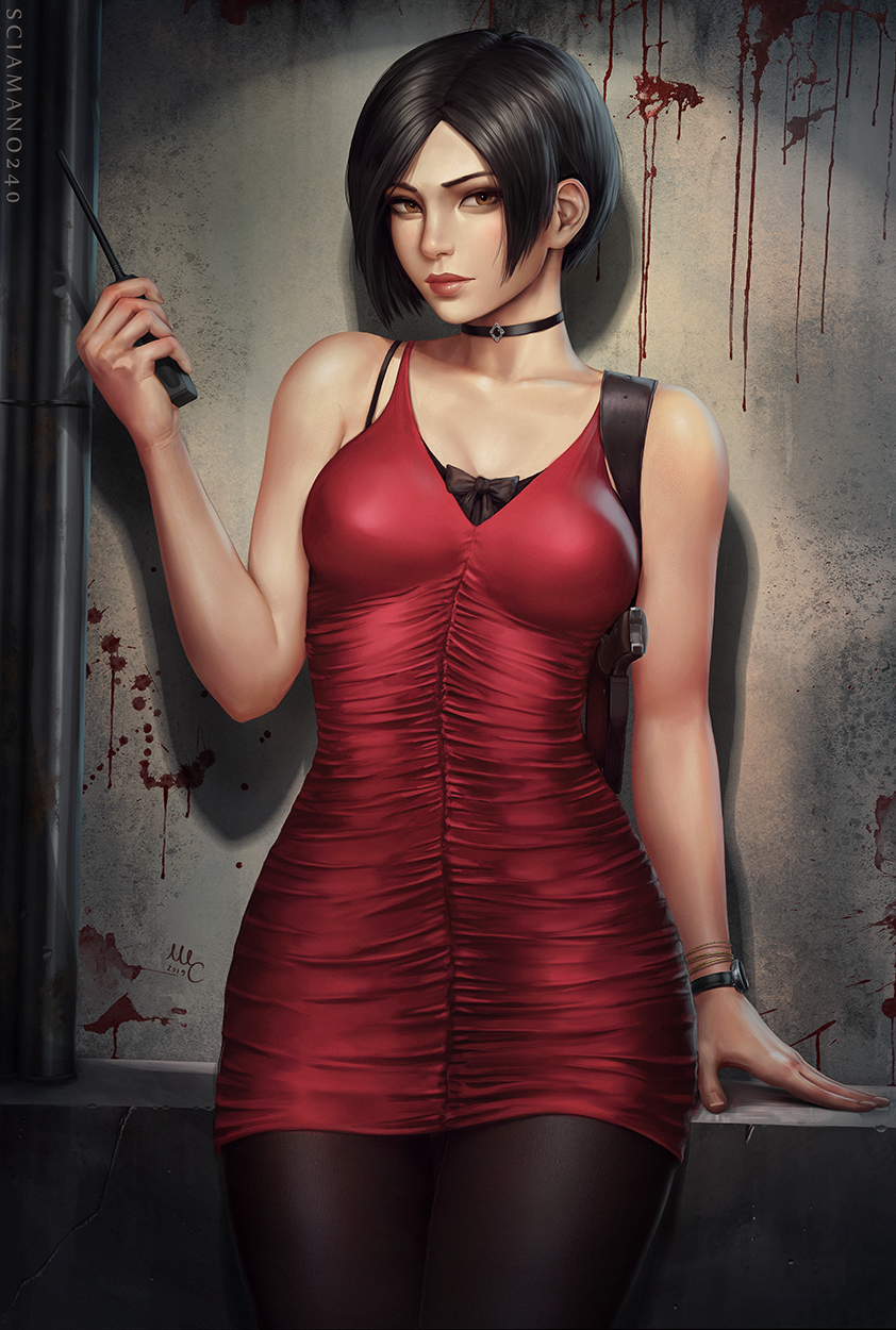 1girl ada_wong bare_shoulders black_hair blush breasts brown_eyes choker dress gloves gun highres looking_at_viewer medium_breasts pantyhose red_dress resident_evil resident_evil_2 sciamano240 short_hair simple_background solo standing weapon