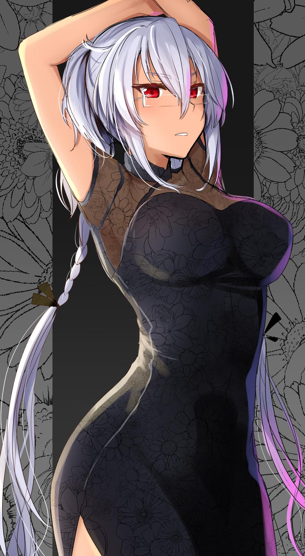 1girl arms_up black_background breasts china_dress chinese_clothes dark_skin dress eyebrows_visible_through_hair glasses hair_between_eyes highres kantai_collection large_breasts musashi_(kantai_collection) open_mouth platinum_blonde_hair pointy_hair red_eyes semi-rimless_eyewear short_hair_with_long_locks solo two_side_up under-rim_eyewear yunamaro