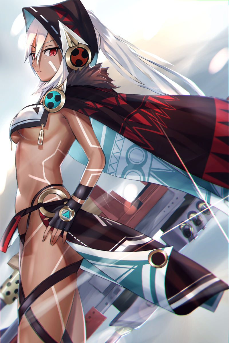 1girl azur_lane bangs black_cape black_gloves black_panties blue_background blurry blurry_background bodypaint breasts cape crop_top crop_top_overhang dark_skin facepaint fingerless_gloves fur_trim gloves gradient gradient_background hairband hand_on_hip headgear highleg highleg_panties holding holding_weapon hood huge_weapon kyuuri_no_tsukemono large_breasts loincloth long_hair looking_at_viewer medium_breasts midriff minneapolis_(azur_lane) native_american navel nostrils panties parted_lips profile raised_eyebrow red_eyes revealing_clothes sideboob sidelocks solo sparkle standing sunlight thigh_strap thighs thong under_boob underwear weapon white_background white_hair