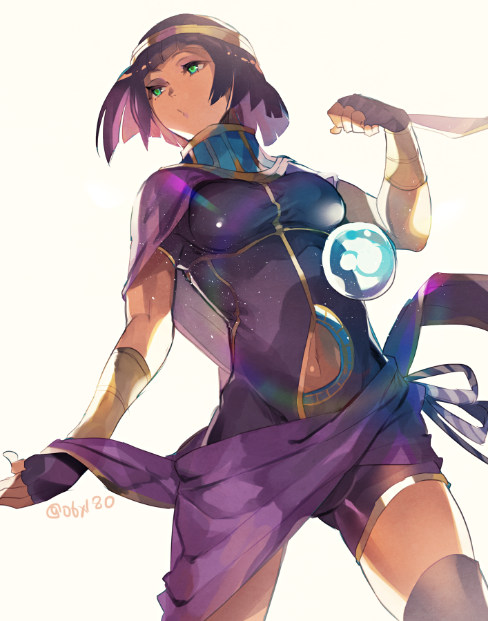 1girl bangs blunt_bangs breasts crystal_ball dark_skin eyeshadow fingerless_gloves gloves green_eyes hyakuhachi_(over3) leotard lipstick makeup menat purple_hair purple_leotard purple_lipstick short_hair short_sleeves simple_background solo street_fighter street_fighter_v tiara usekh_collar