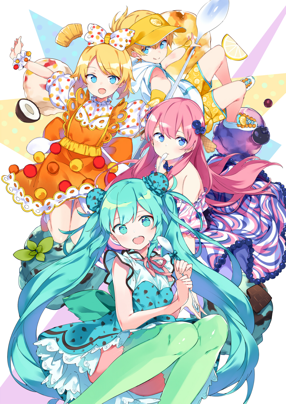 1boy aqua_dress aqua_hair blonde_hair blue_eyes blueberry bow bun_cover character_request coconut double_bun dress food food_themed_clothes fruit fruit_print grey_legwear hair_bow hatsune_miku highres holding holding_spoon ice_cream kagamine_len kagamine_rin lemon lemon_slice licking_lips long_hair mint open_mouth orange_dress pink_hair polka_dot polka_dot_bow pom_pom_(clothes) sama scrunchie shoes short_hair short_sleeves shorts sitting smile sneakers spoon spoon_in_mouth thigh-highs tongue tongue_out twintails very_long_hair vocaloid wrist_scrunchie