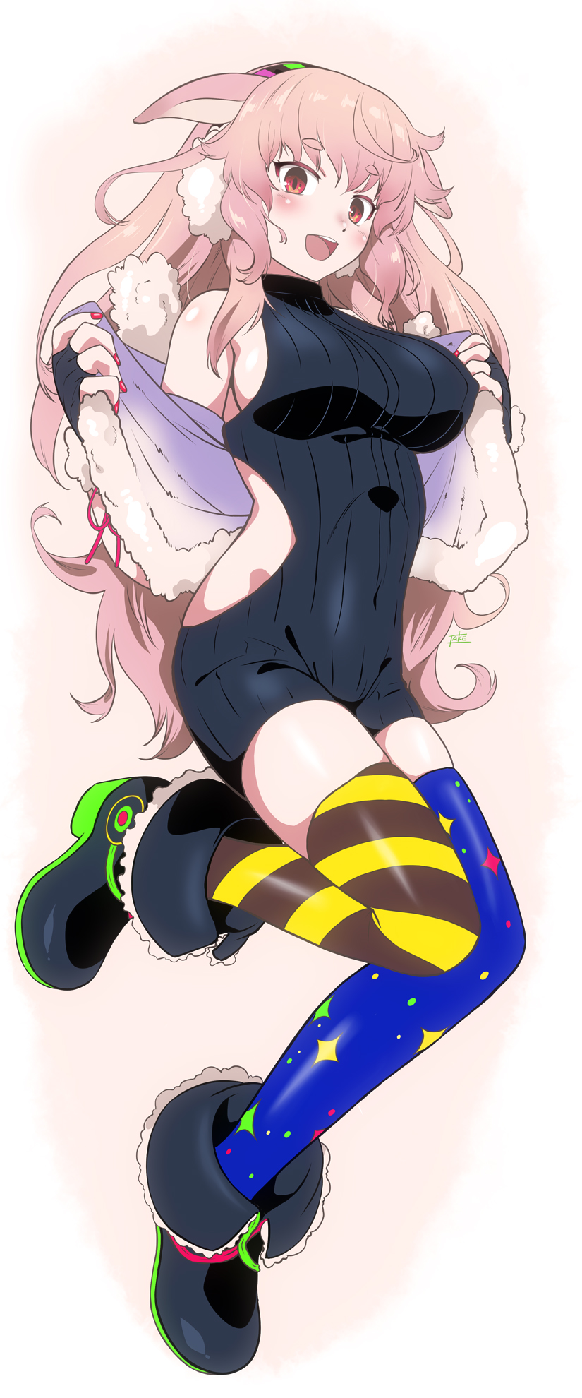 .live animal_ears asymmetrical_legwear boots breasts commentary_request earmuffs fingerless_gloves fingernails full_body gloves headphones highres large_breasts leg_up long_hair looking_at_viewer mokota_mememe ohtado open_mouth pink_hair red_eyes sheep_ears simple_background standing sweater thigh-highs virtual_youtuber white_background