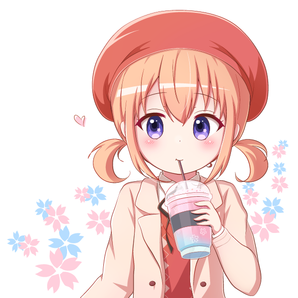 1girl :t bangs beret black_ribbon blush brown_jacket closed_mouth collared_shirt commentary_request cup disposable_cup drinking_straw eyebrows_visible_through_hair floral_background flower_in_eye gochuumon_wa_usagi_desu_ka? goth_risuto hair_between_eyes hat heart holding holding_cup hoto_cocoa jacket light_brown_hair looking_at_viewer neck_ribbon open_clothes open_jacket red_headwear ribbon shirt sidelocks smile solo sweater_vest symbol_in_eye twintails upper_body violet_eyes white_background white_shirt