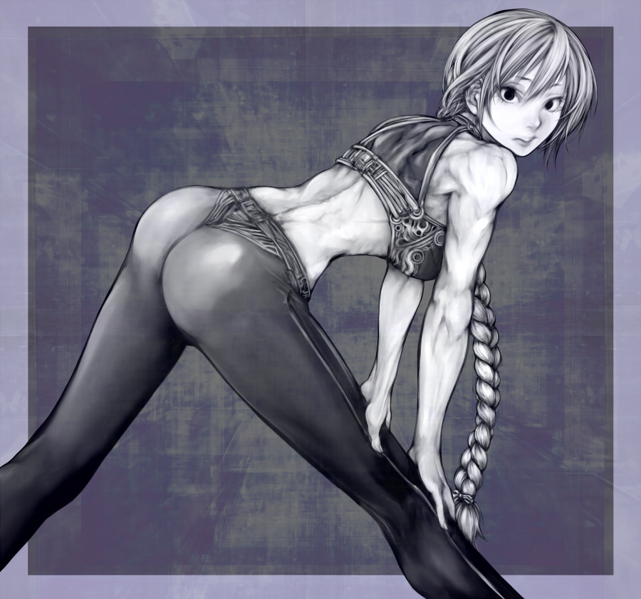 1girl abara-ya ass bent_over braid breasts greyscale hair_over_shoulder hand_on_own_knee long_braid long_hair long_legs looking_at_viewer looking_back medium_breasts midriff monochrome original outside_border pants simple_background single_braid slender_waist solo sports_bra tight tight_pants toned very_long_hair
