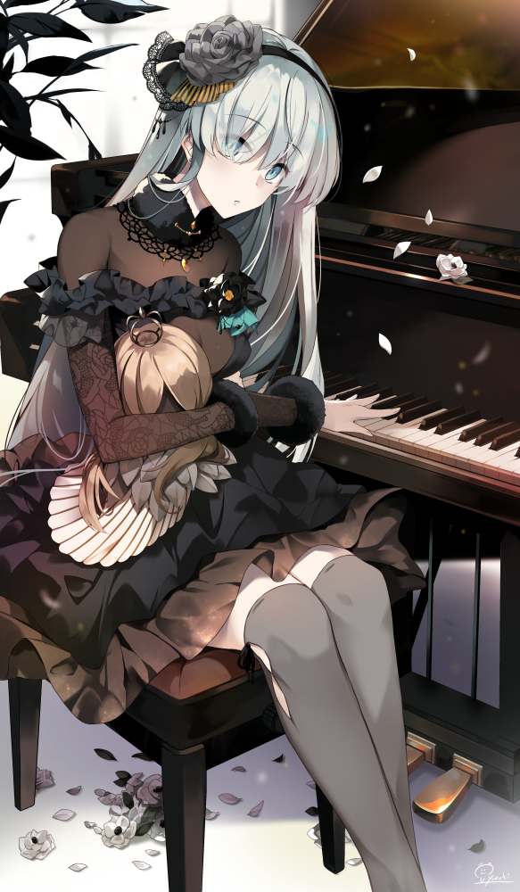 1girl anastasia_(fate/grand_order) bangs black_dress black_hairband black_ribbon blue_eyes blurry blurry_background breasts closed_mouth commentary_request crown depth_of_field dress eyebrows_visible_through_hair eyes_visible_through_hair fate/grand_order fate_(series) fingernails flower grey_flower grey_legwear grey_rose hair_flower hair_ornament hair_over_one_eye hair_ribbon hairband head_tilt hirai_yuzuki instrument light_brown_hair long_hair long_sleeves medium_breasts mini_crown off-shoulder_dress off_shoulder petals piano piano_bench ribbon rose signature silver_hair sitting solo thigh-highs very_long_hair white_flower