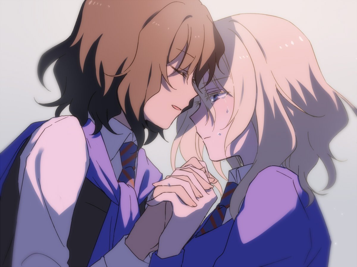 2girls amazuki_jou andou_(girls_und_panzer) bangs bc_freedom_school_uniform black_hair black_vest blonde_hair blue_neckwear blue_sweater cardigan closed_eyes closed_mouth commentary crying crying_with_eyes_open dark_skin diagonal_stripes dress_shirt eyebrows_visible_through_hair forehead-to-forehead girls_und_panzer hands_together interlocked_fingers leaning_forward light_smile long_sleeves looking_at_another medium_hair messy_hair multiple_girls necktie oshida_(girls_und_panzer) parted_lips red_neckwear school_uniform shirt striped striped_neckwear sweater sweater_around_neck tears vest white_shirt wing_collar yuri