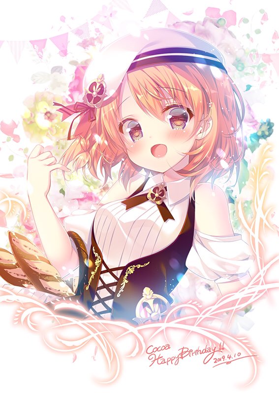 1girl :d baguette bangs basket beret black_neckwear blush braid bread character_name collared_shirt commentary_request cross-laced_clothes dated floral_background food gochuumon_wa_usagi_desu_ka? happy_birthday hat hat_ornament hat_ribbon hoto_cocoa jewelry looking_at_viewer mitsumomo_mamu neck_ribbon open_mouth orange_eyes orange_hair red_ribbon ribbon shirt short_hair short_sleeves shoulder_cutout side_braid smile solo string_of_flags upper_body vest white_headwear white_shirt